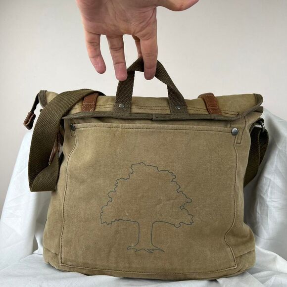 TSD BRAND Forest Canvas Messenger Bag Khaki with leather straps - Picture 5 of 8